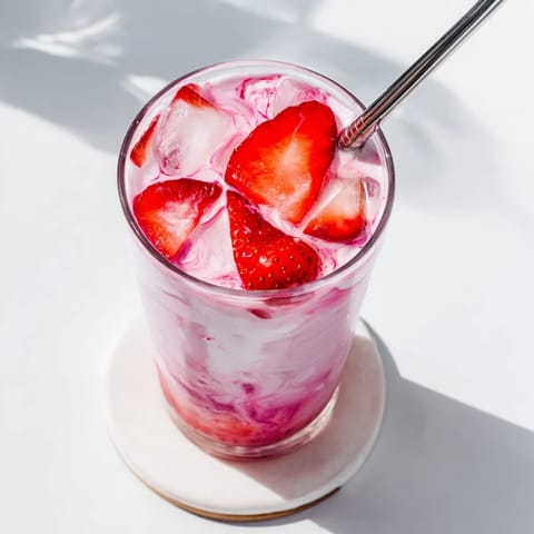 Creamy Refresher Copycat Pink Drink poured over ice, highlighting swirls of strawberry syrup and coconut milk.  