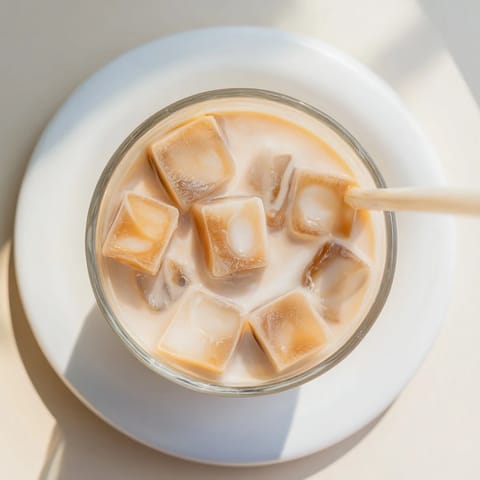Sweet coffee jelly cubes spooned into a tall glass, topped with creamy milk and a dusting of cocoa powder.  