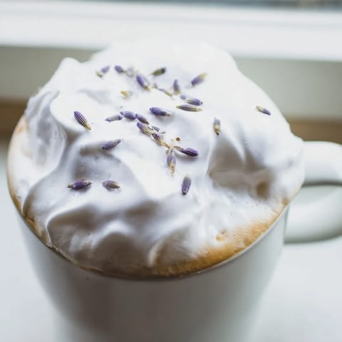 Creamy Whipped Lavender Latte served warm, perfect for a cozy morning or relaxing afternoon.