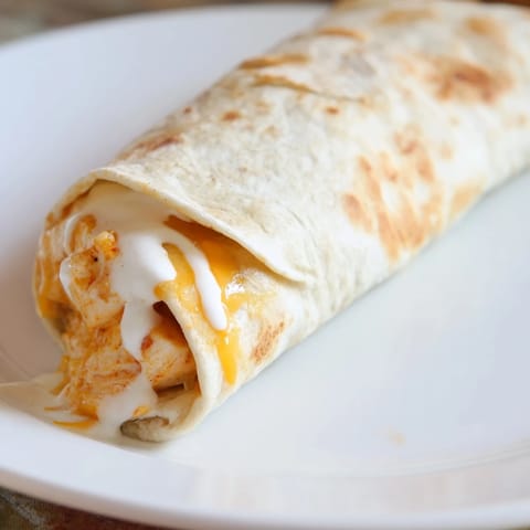 Freshly assembled Buffalo Ranch Chicken Wrap with juicy shredded chicken, crisp romaine, and melted cheddar cheese on a soft flour tortilla.