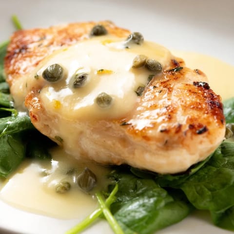 Tender chicken breast draped in a bright, zesty lemon-butter pan sauce over a bed of fresh wilted spinach.