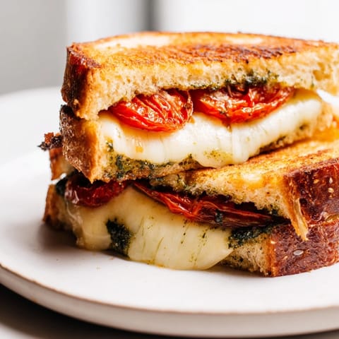A close-up of a buttery, grilled sandwich oozing with mozzarella, basil pesto, and slow-roasted tomatoes for a comforting lunch.
