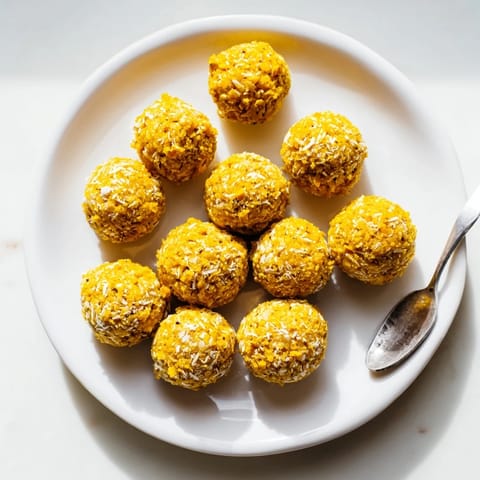 A close-up view of ginger turmeric energy balls on a rustic plate, showcasing their bright yellow hue and textured hemp seed coating. 