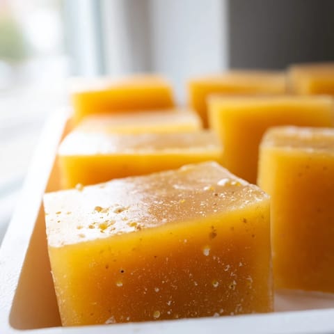 Vibrant yellow turmeric and ginger cubes sit in an ice tray, offering a zesty, anti-inflammatory wellness boost.