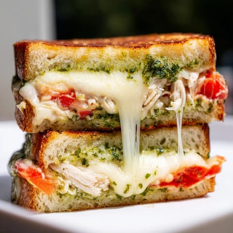 Savory Mozzarella Pesto Chicken Grilled Cheese served hot, cut in half to reveal layered chicken and fresh basil.  