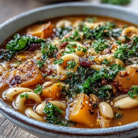 Chunky Winter Minestrone Soup in a rustic pot featuring kale, butternut squash, and beans, steam rising invitingly.