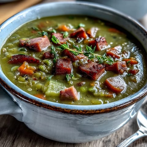 A rustic pot of Split Pea and Ham Soup simmering on the stove with a meaty ham bone.