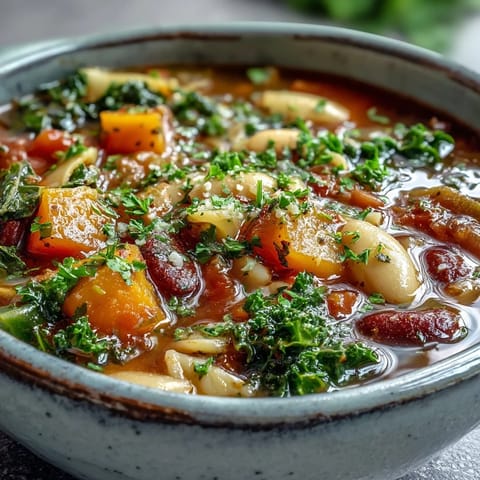 Bowl of Winter Minestrone Soup With Butternut Squash and Kale garnished with Parmesan and parsley.