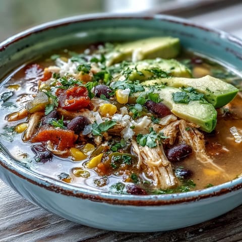 Steaming bowl of Southwestern Turkey Soup topped with fresh cilantro and avocado slices.