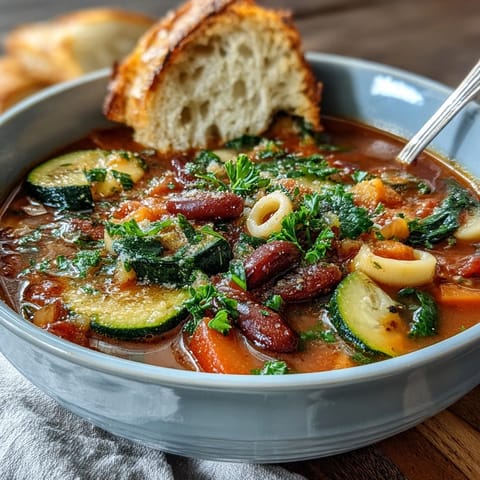 A steaming pot of Minestrone Soup filled with colorful vegetables, tomatoes, and cannellini beans.