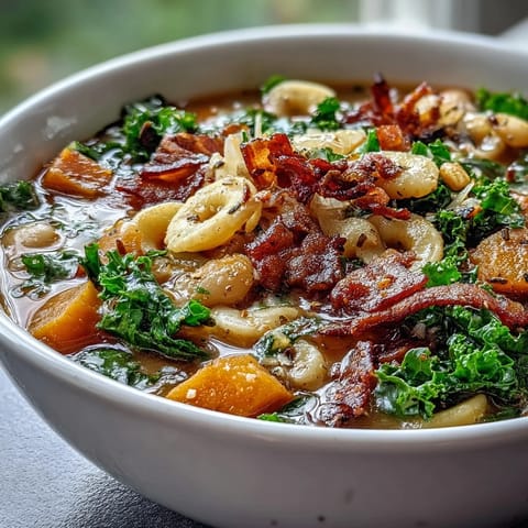 Steaming Fall Minestrone soup topped with crispy pancetta, fresh parsley, and grated Parmesan cheese.