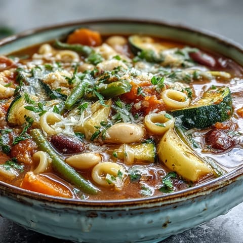 Close-up on steaming Minestrone Soup, showcasing diced carrots, zucchini, and kidney beans in a savory vegetable broth.