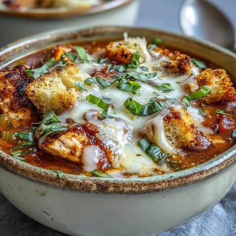 A hearty bowl of Grilled Chicken Parmesan Soup topped with croutons and shredded mozzarella.