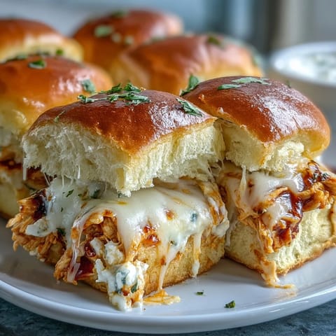 Golden brown slider buns brushed with garlic butter, hiding a creamy Buffalo chicken dip inside.