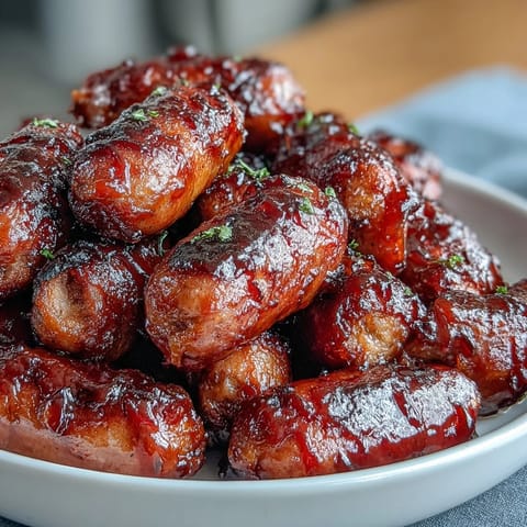 Mini smoked sausages glaze evenly during a slow cooker game day appetizer, garnished with fresh parsley.
