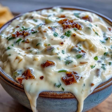 This spicy queso dip is bubbling in a saucepan with melted cheddar and Monterey Jack, perfect for a game day snack.