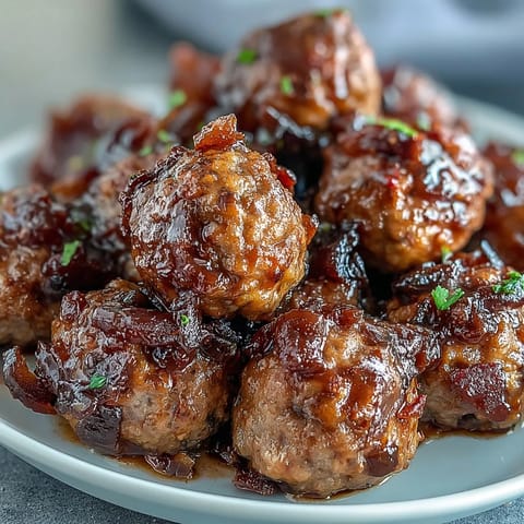 Tender beef meatballs coated in sticky Slow Cooker Peach Glazed sauce, served warm with toothpicks, ideal for family dinners or game day gatherings.