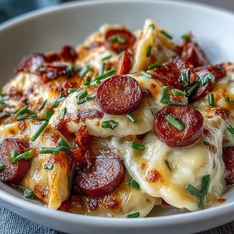 Sliced smoked kielbasa and pillowy potato pierogi layered with onions in a rich, cheesy sauce.