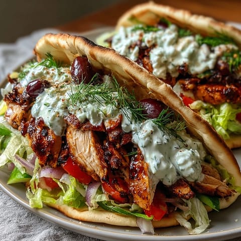 Golden charred chicken thighs and creamy feta tzatziki gyro filling topped with crisp lettuce and tomatoes.