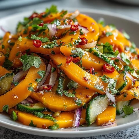 This Refreshing Mango Salad shows glossy orange mango strips beside chilled cucumber and peppers, topped with fresh cilantro for a vibrant summer lunch.