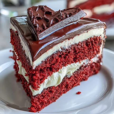 Red Betty Boop Heart Cake slice on a white plate, revealing moist red velvet layers and rich dark chocolate décor.