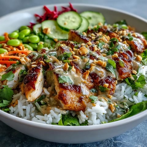 A close-up view showcases the creamy peanut sauce drizzled generously over the colorful ingredients.