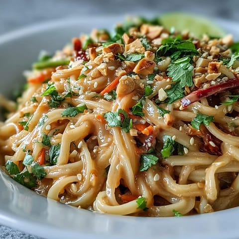 A close-up of an Asian Peanut Noodle Bowl topped with chopped peanuts and sesame seeds, ready for a quick weeknight dinner.
