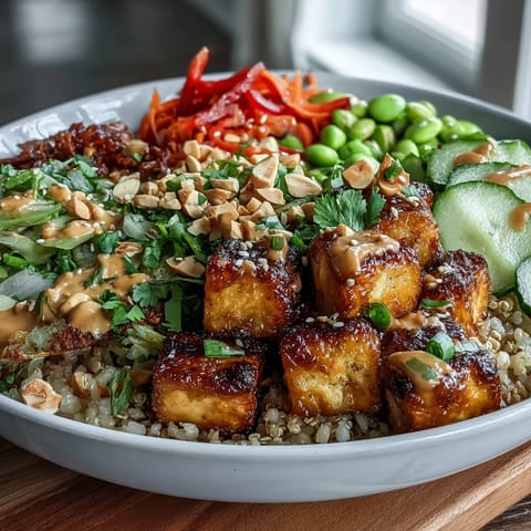 Sliced vegetables and shelled edamame top this plant-based Peanut Tofu Power Bowl, served ready to eat.