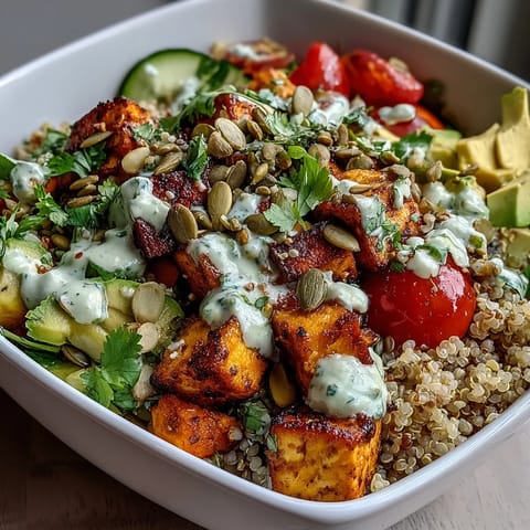 Colorful Customizable Grain Bowl featuring grilled chicken and cherry tomatoes, topped with crunchy pumpkin seeds and herbs on a bed of fluffy quinoa.