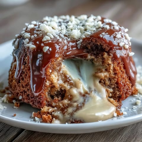 Forklift of Hojicha Lava Cake releasing molten roasted tea ganache onto a white plate.