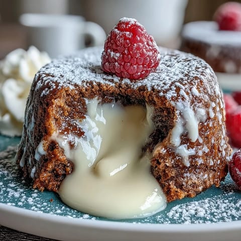 Golden-brown Hojicha White Chocolate Lava Cake on a plate with a molten white chocolate and hojicha tea center flowing out.