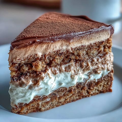 A slice of Fluffy Hojicha Cake reveals airy genoise layers filled with creamy, roasted tea frosting.