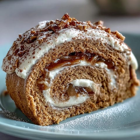Freshly sliced Hojicha Roll Cake reveals creamy roasted green tea filling and vibrant mango strips, served on a minimalist plate.