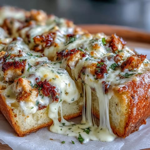 Slices of Chicken Alfredo Garlic Bread are served warm on a platter, garnished with fresh parsley.