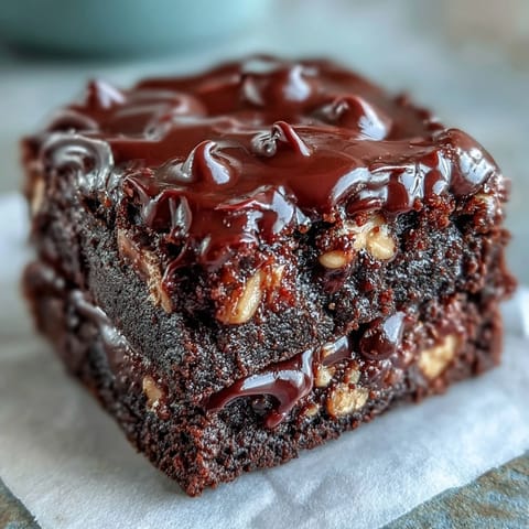 Warm Rich Peanut Butter Cup Dump Cake topped with mini peanut butter cups and chocolate chips on a marble counter.