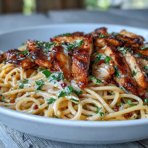 A close-up of Sticky Honey Garlic Chicken Pasta showing glossy sauce coating spaghetti with sliced chicken and grated Parmesan.