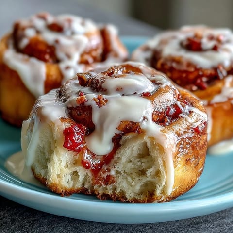 Freshly baked Strawberry Cinnamon Rolls with a gooey pink filling and creamy glaze, served warm on a rustic wooden board.