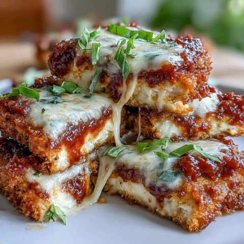 Golden-brown Crispy Tofu Chicken Parm Bakes fresh from the oven, covered in melted mozzarella and marinara.