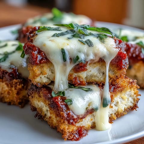 Oven-baked Crispy Tofu Chicken Parm Bakes served over spaghetti with fresh basil garnish.