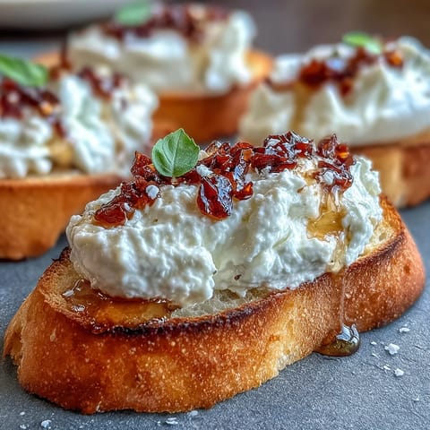 Golden, crispy baguette slices are topped with whipped ricotta, hot honey, and chili crunch in this Hot Honey Ricotta Bruschetta appetizer.