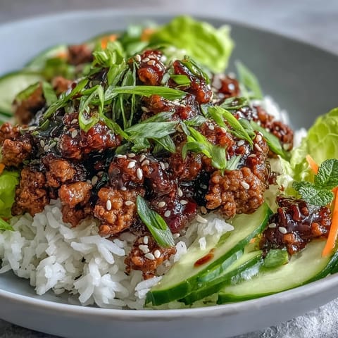 Freshly assembled Sesame Turkey Lettuce Wrap Bowls over fluffy rice, garnished with sesame seeds and cilantro.