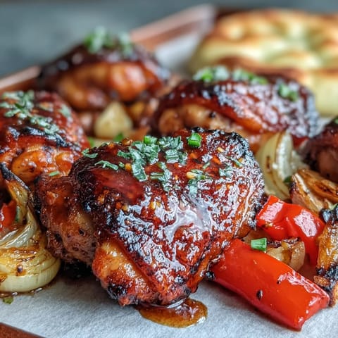 Sheet Pan Honey Garlic Chicken & Naan roasted with charred bell peppers and onions, brushed with glaze, served with warm naan.