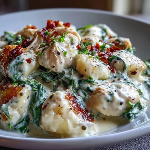 Creamy Spinach & Parmesan Gnocchi with Chicken is served hot with golden, tender gnocchi and fresh wilted greens.