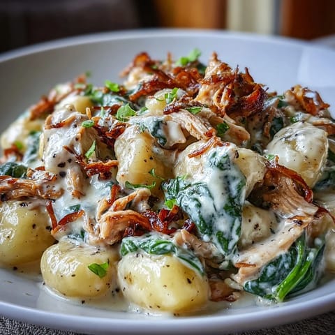 Topped with extra Parmesan and parsley, this Creamy Spinach & Parmesan Gnocchi with Chicken looks ready to serve.