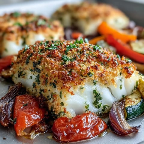 Crispy Asiago-parmesan-panko coated cod filets on a sheet pan with colorful roasted vegetables for dinner.