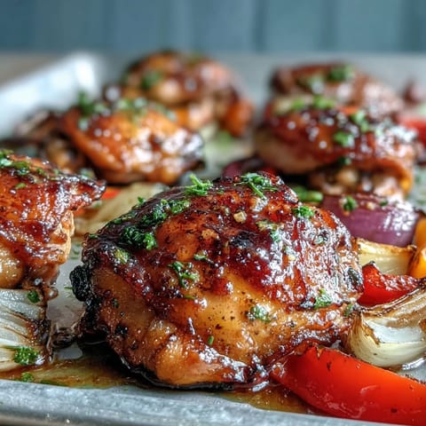 Golden-brown chicken thighs roasted on a sheet pan with honey garlic glaze and colorful bell peppers, alongside warm, buttery garlic naan bread.