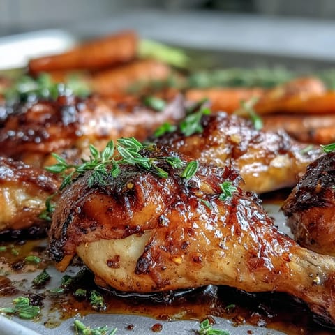 Golden-brown Sheet Pan Honey Garlic Chicken Drumsticks with Roasted Carrots glisten with sticky glaze and fresh thyme on a dark serving platter.