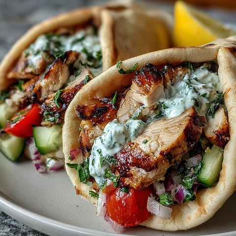 Perfectly assembled Greek chicken pita pockets filled with tender sliced meat, crisp lettuce, and vibrant tomato cucumber salad, ready to serve.