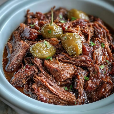 Shredded Slow Cooker Mississippi-Style Ranch Beef piled high on a toasted roll with melty provolone, pepperoncini, and rich, savory juices ready to serve.