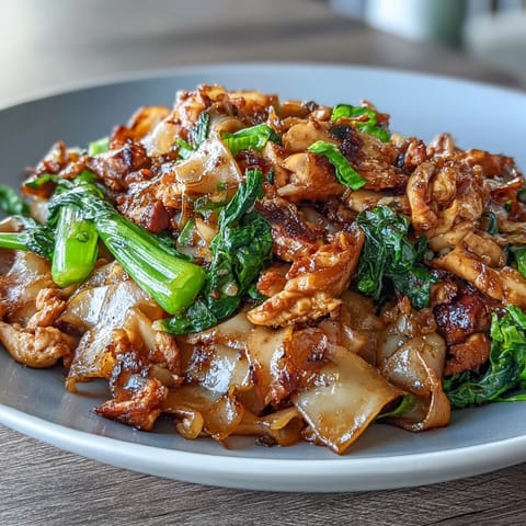 A steaming plate of Authentic Thai Pad See Ew with tender chicken, Chinese broccoli, and wide rice noodles in savory-sweet sauce.  